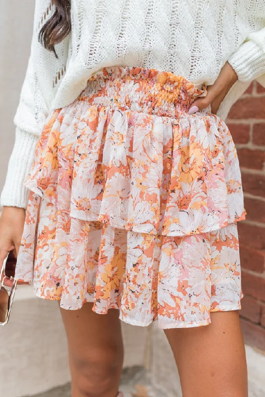 Cozy Chic Wear Faux fur skirt Breezy Beige And Mustard Floral Tiered Skort