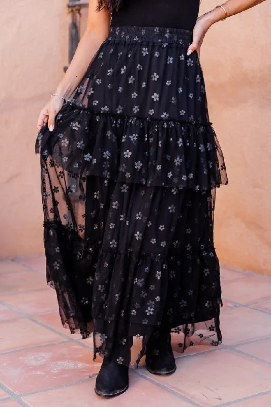 Cozy Pants Casual tiered skirt California Dreaming Black Flower Tulle Maxi Skirt FINAL SALE