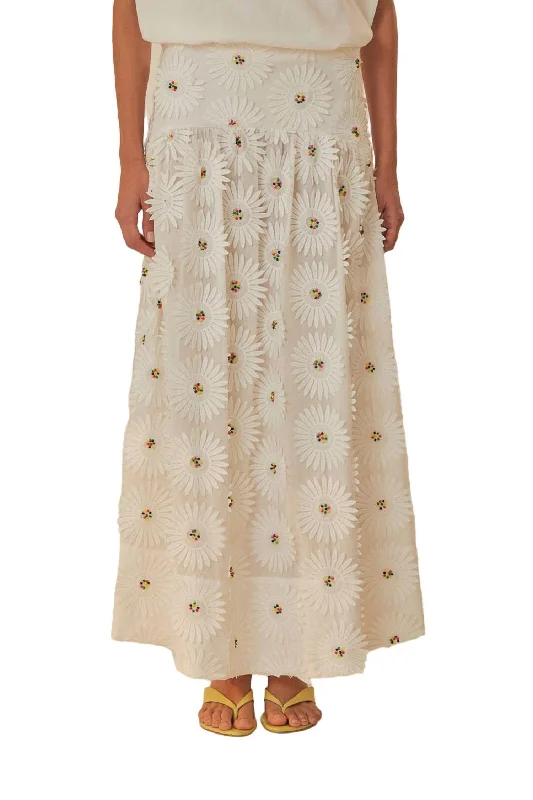 Comfy Chic Tropical wrap skirt Daisy 3D Flower Embroidered Maxi Skirt In White