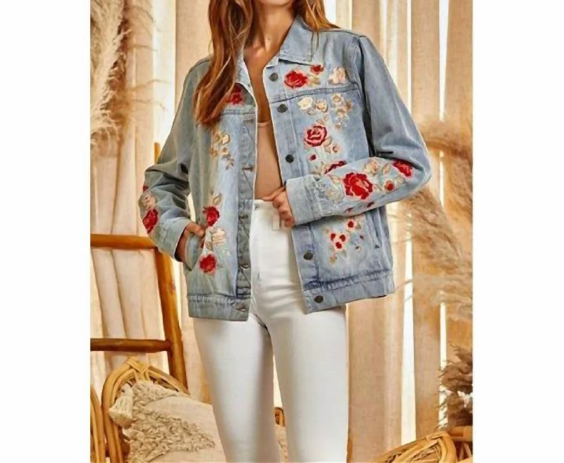 Fashion Comfort Puffy winter jacket Denim Embroidered Jacket In Blue