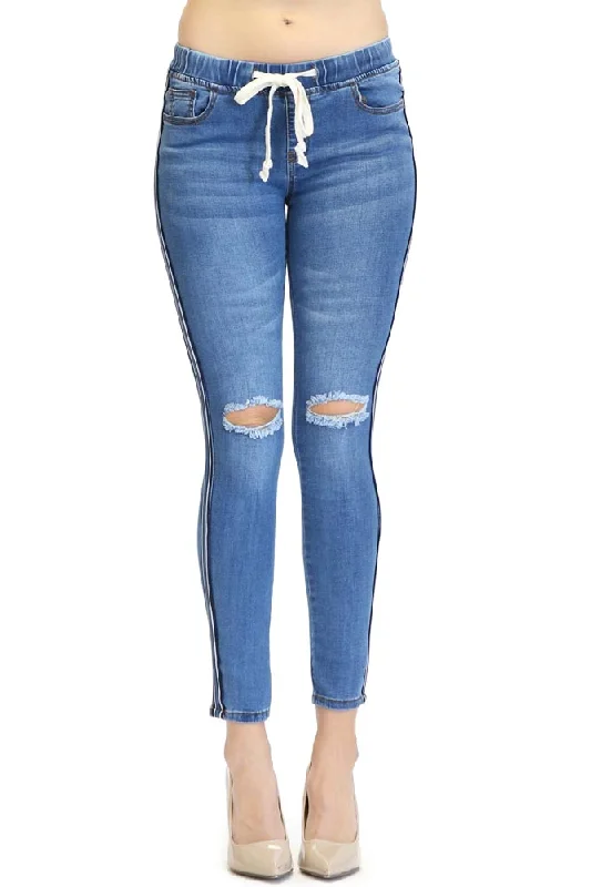 Fashion Comfort Crop top activewear Destroyed Denim Side Striped Jogger
