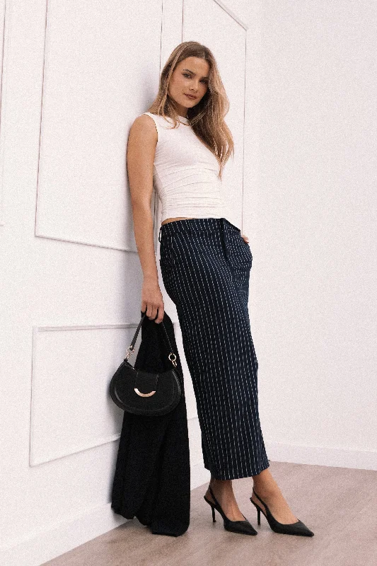 Trendy Dresses Checkered skirt Ellory Midi Skirt - Navy Pinstripe