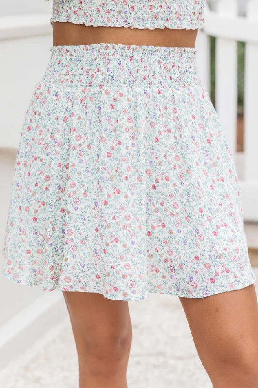 Lounge Chic Chambray skirt One More Time Ivory/Multi Floral Skirt FINAL SALE