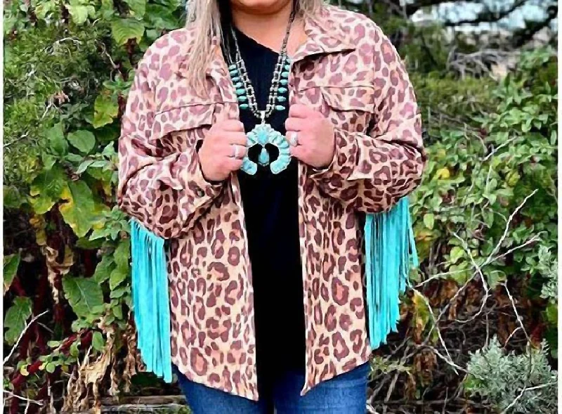 Comfortable Tops Performance jacket Jacket With Turquoise Fringe In Leopard Print