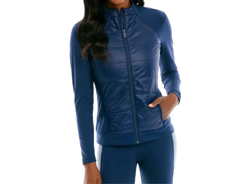 Casual Comfort Houndstooth jacket Josette Mixed Media Full Zip Athletic Jacket In True Navy