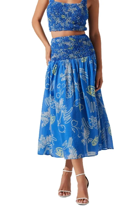 Warm Layers Satin pleated skirt Moana Skirt In Blue Lemon Print