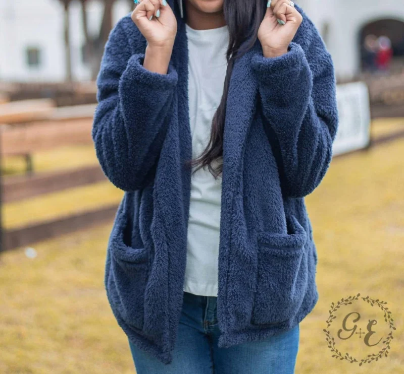 Comfortable Jeans Casual zip-up jacket Oh So Soft Hooded Sherpa With Pockets Jacket In Navy