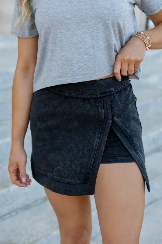 Chic Comfort Crossover skirt On The Fast Track Black Acid Wash Knit Skort