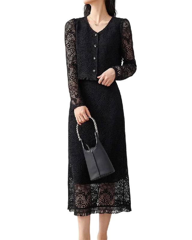 Stylish Ease Feathered skirt OUNIXUE 2pc Blazer & Skirt Set