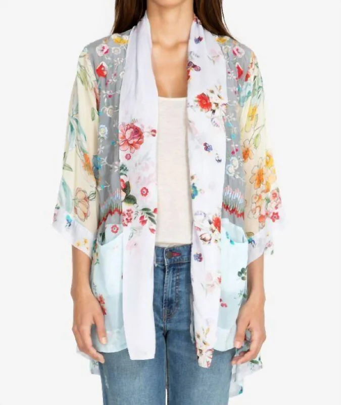 Soft Touch Faux fur jacket Pastel Floral Embroidery Kimono In Mti
