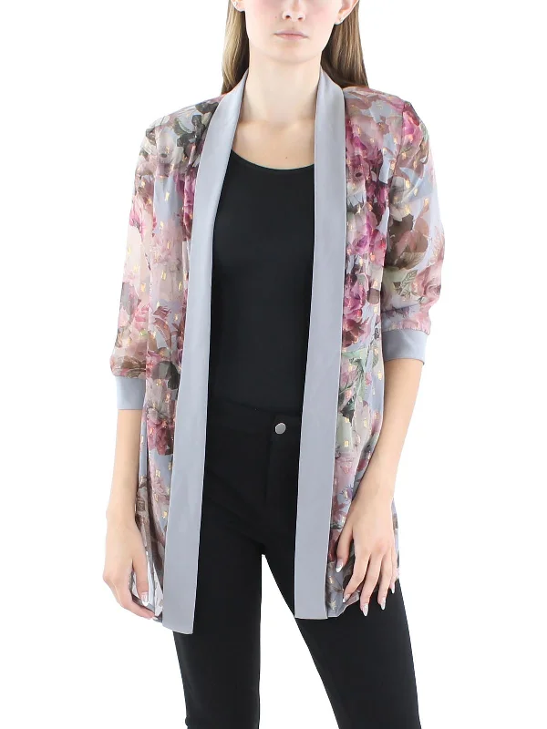 Relaxed Tops Double-breasted blazer Petites Womens Floral Print Chiffon Duster Blazer Relaxed Tops Double-breasted blazer Petites Womens Floral Print Chiffon Duster Blazer