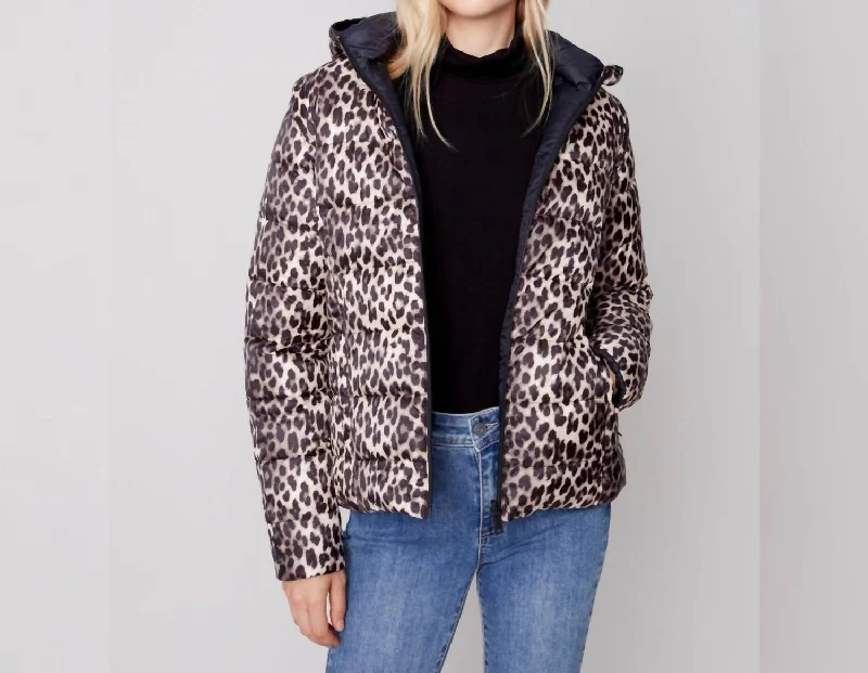 Cozy Chic Satin jacket Printed Leopard Puffer In Black Leopard
