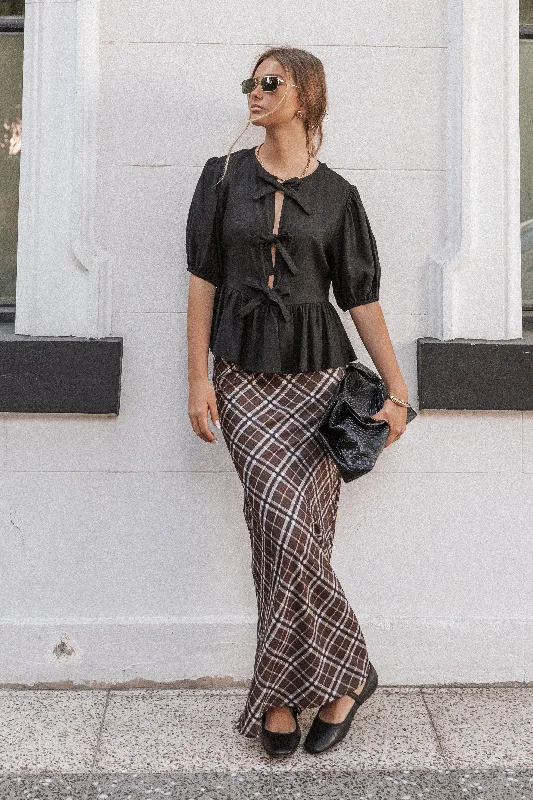 Effortless Comfort Leather wrap skirt Sandra Midi Skirt - Brown Check