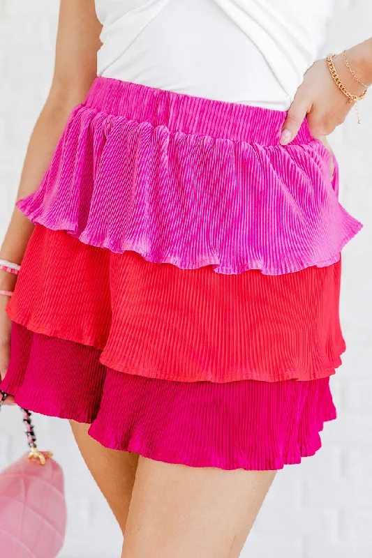 Weekend Wear Wrap mini skirt See You At Sunset Pink Colorblock Plisse Tiered Skirt FINAL SALE