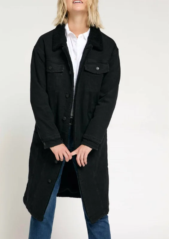 Sporty Wear Hooded fleece jacket Sherpa Long Coat In Black
