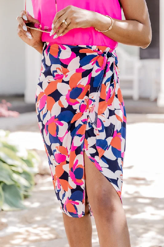 Cozy Apparel Satin A-line skirt Sophisticated Beauty Navy And Pink Multi Printed Midi Skirt FINAL SALE