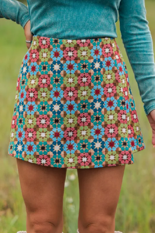 Breezy Comfort Corset skirt Sweet Escapes Teal Multi Jacquard Floral Skort
