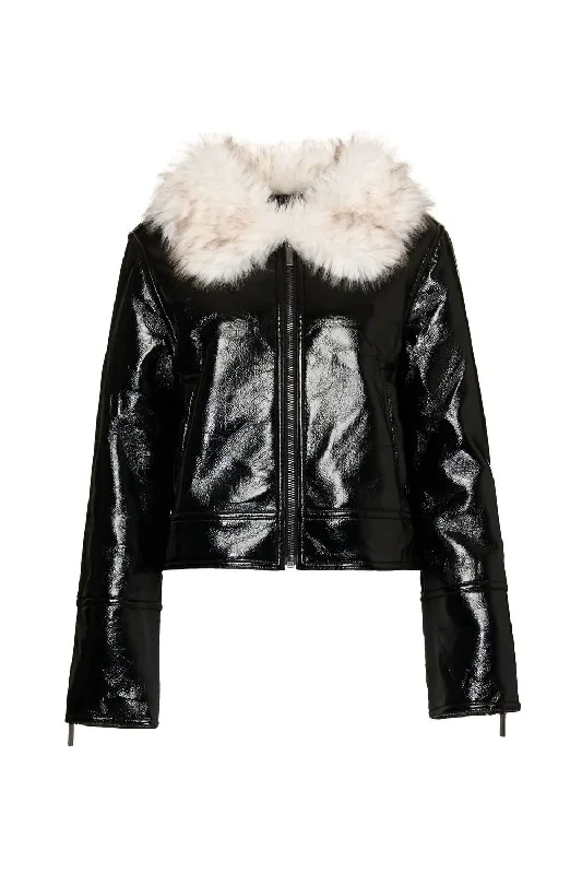 Cozy Dress Leather jacket Wet Look Aviator In Black