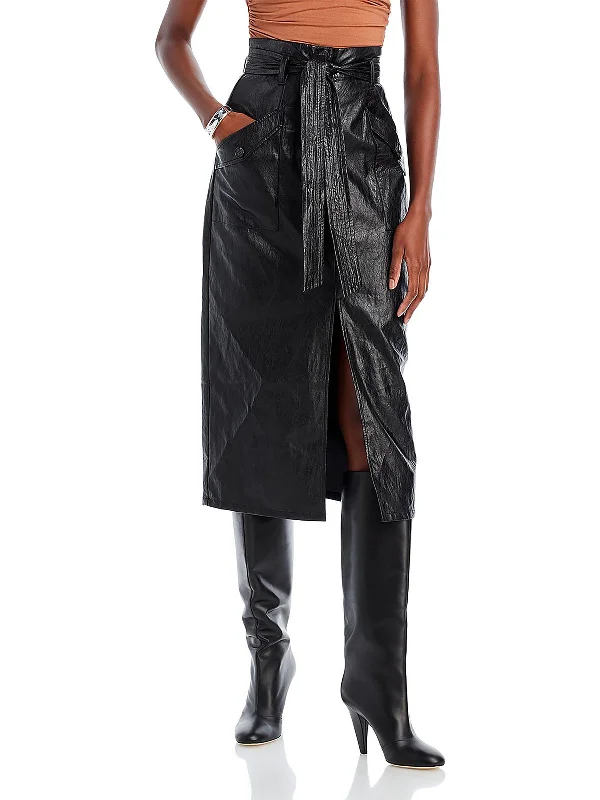 Fashion Comfort Tweed skirt Womens Below Knee Faux Leather Midi Skirt