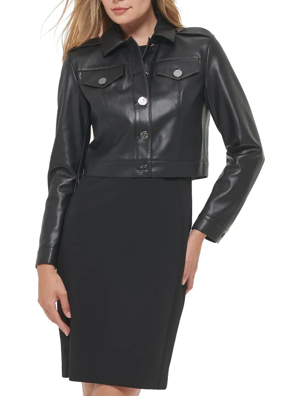 Cozy Pants Office blazer jacket Womens Collared Cropped Leather Jacket