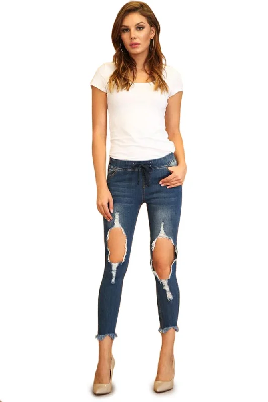 Soft Knitwear Breathable workout tights Women's Destroyed Skinny Denim Joggers