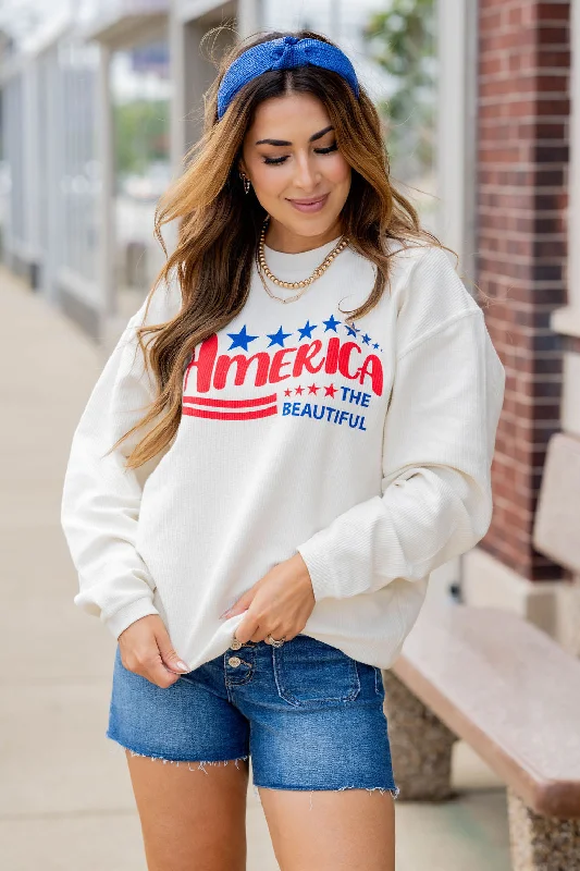 Breathable Style Lightweight Knit Pullover America The Beautiful Ribbed Graphic Crewneck