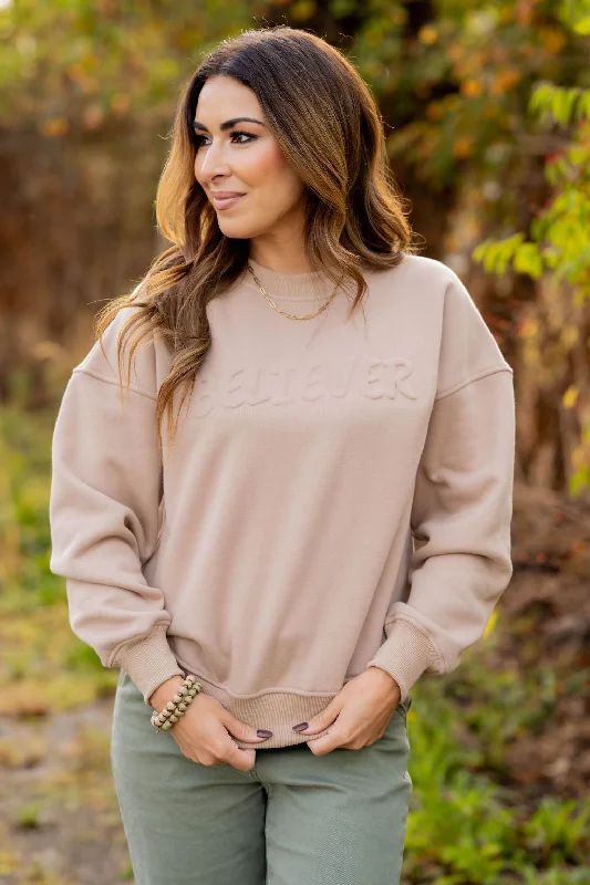 Everyday Comfort Cozy Fleece Pullover Believer Embossed Crewneck