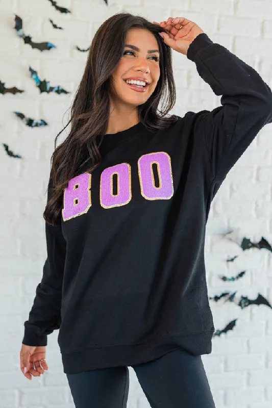 Soft Comfort Knit Tunic Pullover BOO Chenille Patch Black Oversized Graphic Sweatshirt FINAL SALE Soft Comfort Knit Tunic Pullover BOO Chenille Patch Black Oversized Graphic Sweatshirt FINAL SALE