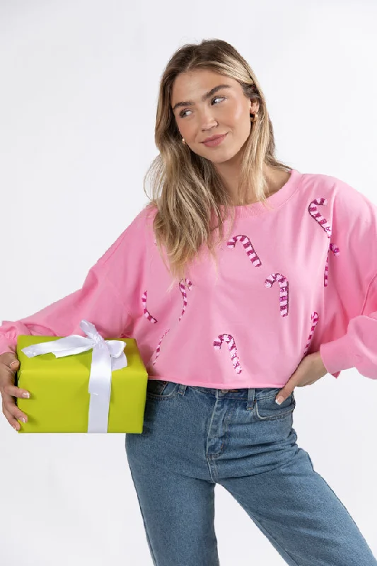 Fashionable Ease Plaid Pullover Candy Cane Dreams Pink Sequin Patch Pullover