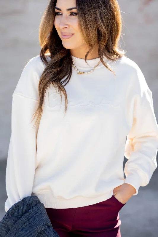 Basic Comfort Boxy Fit Pullover Cheerful Cursive Embossed Crewneck