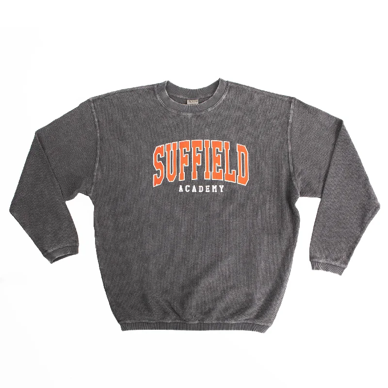 Cozy Fitting Cashmere Crewneck Chicka-d Corded Crew Charcoal with Suffield Academy