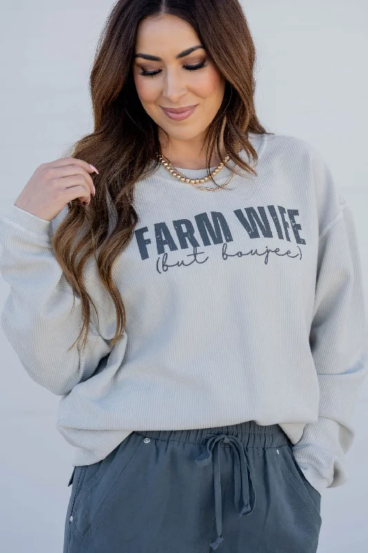 Easygoing Fashion High-low Pullover Farmwife But Boujee Ribbed Graphic Crewneck