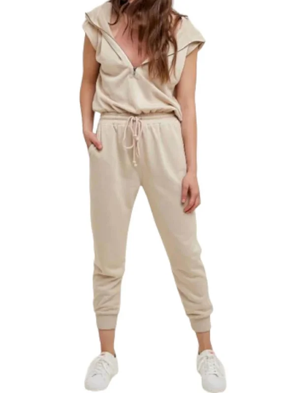 Smart Comfort Bodysuit with buttons French Terry Hooded Jumpsuit In Taupe