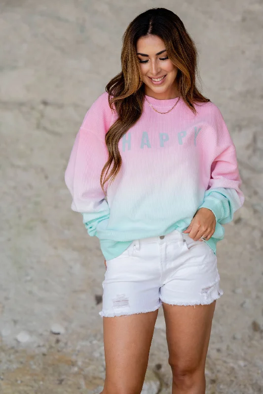 Cozy Outerwear Nonchalant style Happy Gradient Ribbed Graphic Crewneck