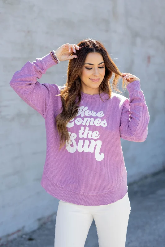 Weekend Comfort Peacoat Style Pullover Here Comes The Sun Side Slit Graphic Crewneck