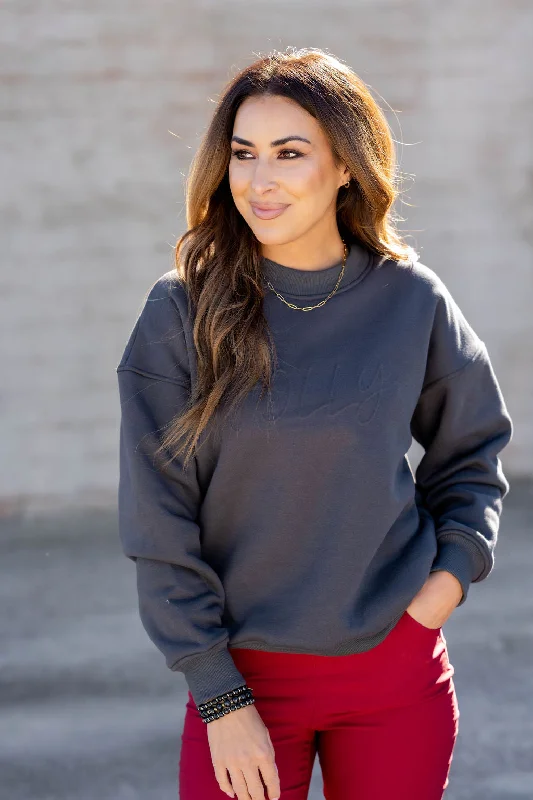 Trendy Casuals Breezy Knit Pullover Jolly Cursive Embossed Crewneck