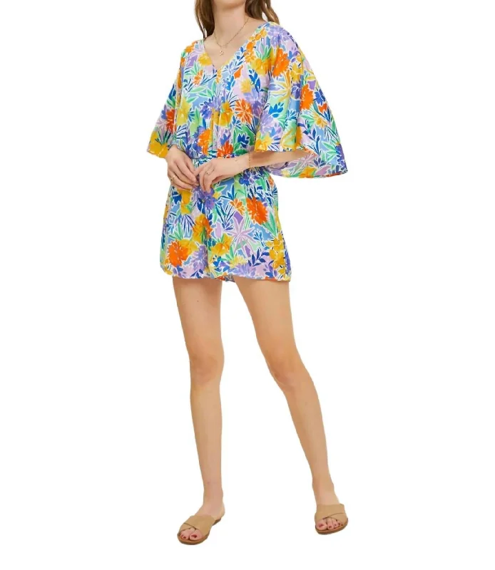 Modern Chic Thong bodysuit Kimono Sleeve Romper In Blue