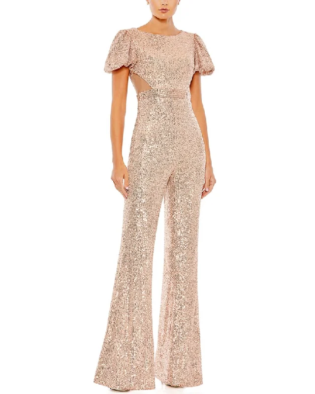 Easy Chic Cami bodysuit Mac Duggal Sequined Puff Shoulder Illusion Cutout Jumpsuit