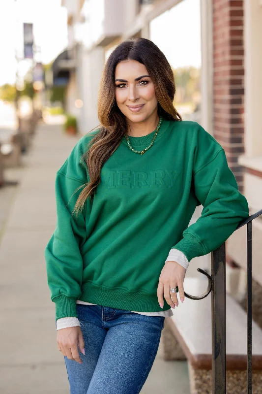 Comfy Chic Lightweight Wool Pullover Merry Embossed Crewneck