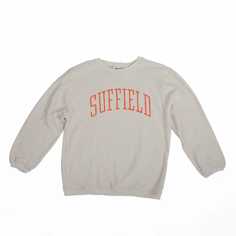 Sporty Wear Fitted Ribbed Pullover MV Sport Corded Crewneck with Orange Suffield lettering Sporty Wear Fitted Ribbed Pullover MV Sport Corded Crewneck with Orange Suffield lettering