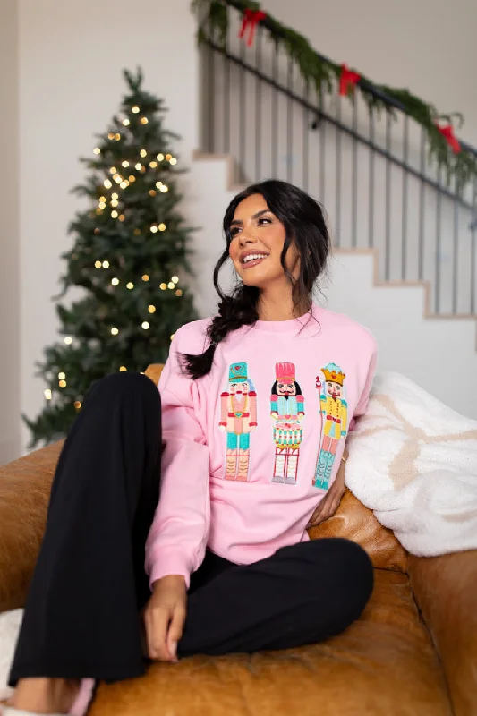 Casual Elegance Loose Fit Pullover Nutcrackers Chenille Patch Light Pink Oversized Graphic Sweatshirt Casual Elegance Loose Fit Pullover Nutcrackers Chenille Patch Light Pink Oversized Graphic Sweatshirt