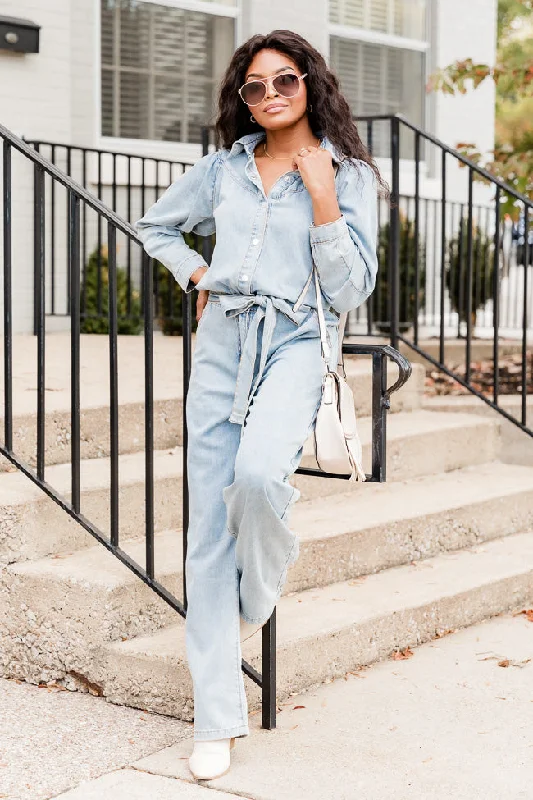 Soft Style Sexy bodysuit One More Time Long Sleeve Belted Denim Button Up Jumpsuit FINAL SALE