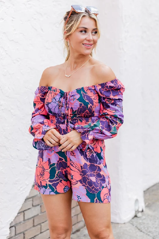 Comfy Chic Sporty bodysuit A New Look Purple Floral Printed Smocked Bust Long Sleeve Romper FINAL SALE