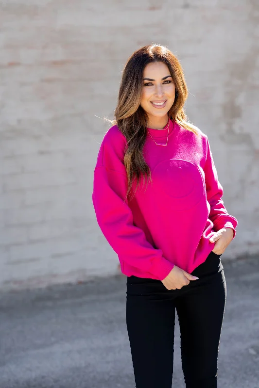 Relaxed Fit Shawl Collar Pullover Smiley Embossed Crewneck
