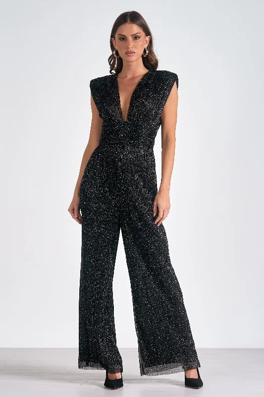 Cozy Fit Wear Pleated bodysuit Sparkle Shoulder Pad Jumpsuit