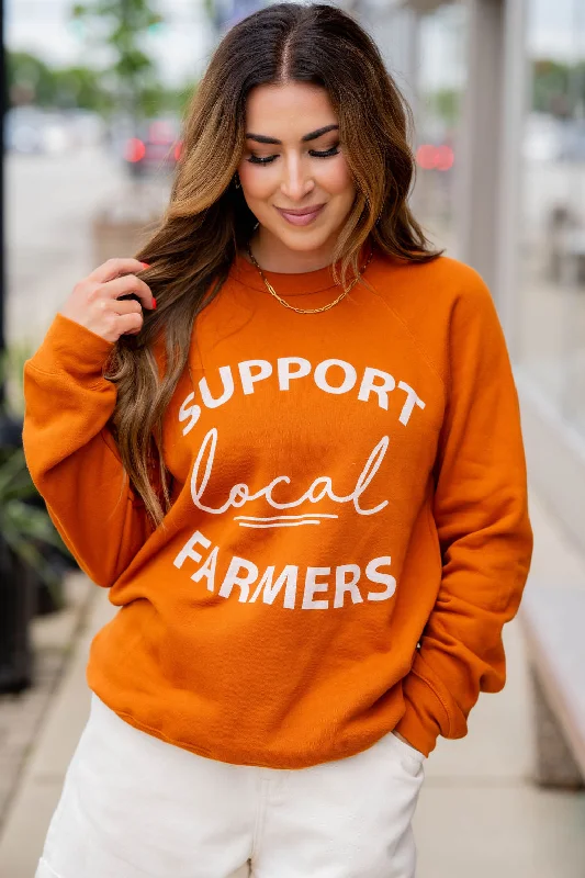 Cozy Sweaters Relaxed-fit Support Local Farmers Mixed Fonts Graphic Crewneck