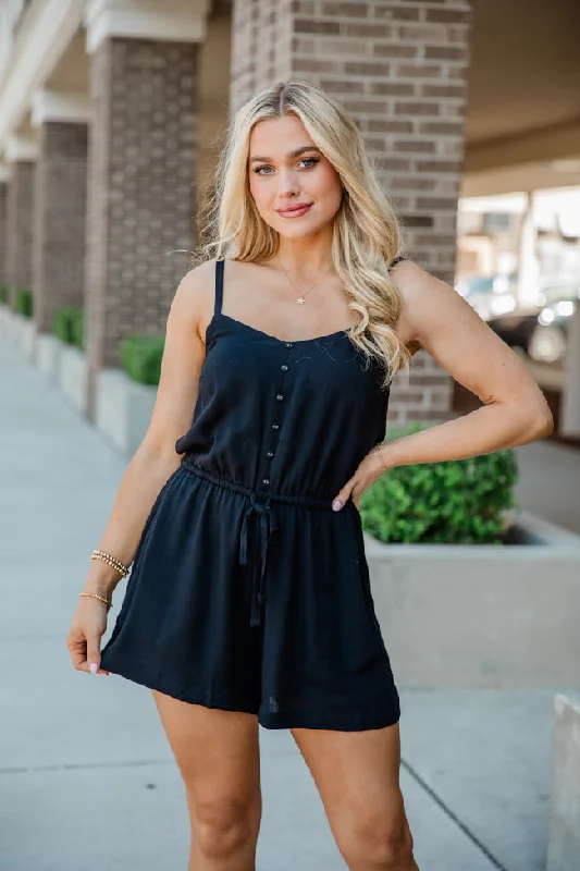 Stylish Wear Wide strap bodysuit Take A Minute Black Solid Tie Waist Romper