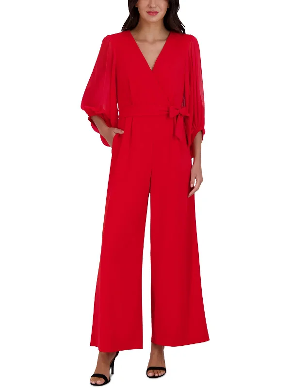 Elegant Dressing Zip-up bodysuit Womens Surplice Neck Balloon Sleeves Jumpsuit
