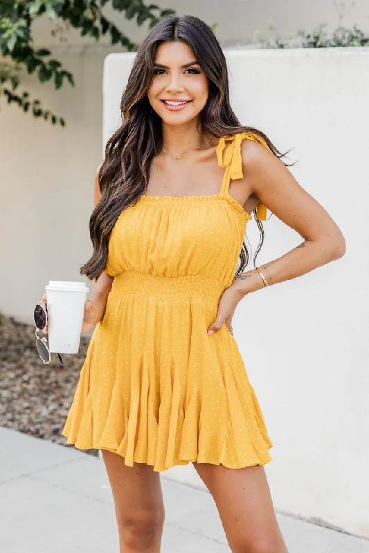 Smart Casuals Soft mesh bodysuit No Second Chance Yellow Polka Dot Smocked Waist Ruffle Romper FINAL SALE