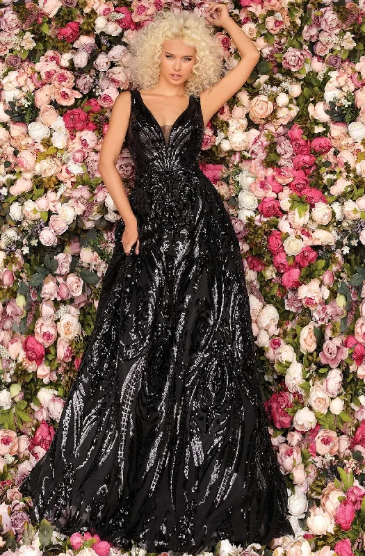 Relaxed Tops Clarisse - 5105 Plunging V-Neck Pattern-Sequined A-Line Gown